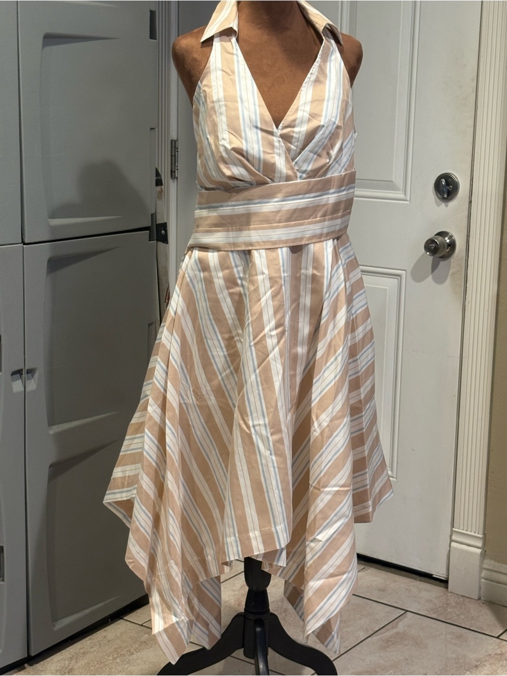 Striped Halter Handkerchief Hem Dress in Beige and White